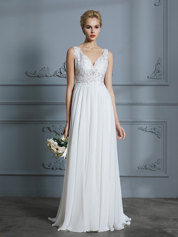 A-Line/Princess Sleeveless V-neck Sweep/Brush Train Chiffon Wedding Dresses 915