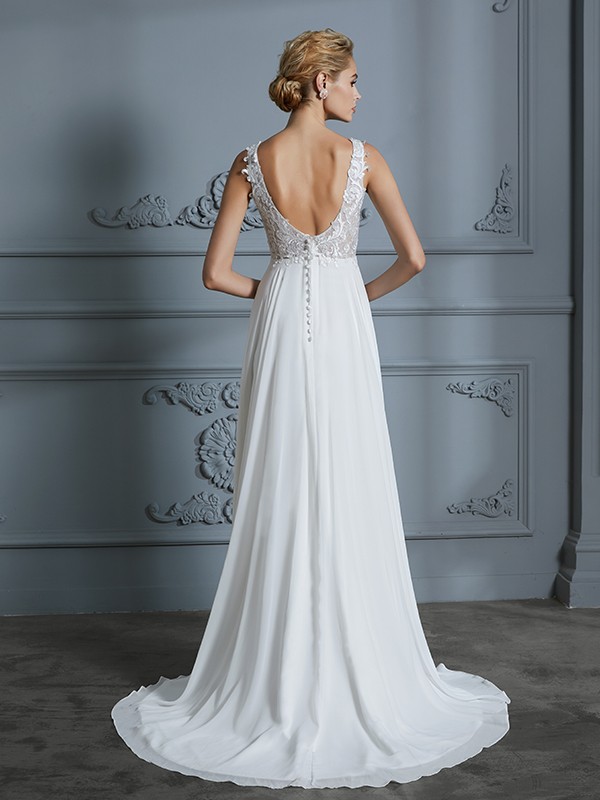 A-Line/Princess Sleeveless V-neck Sweep/Brush Train Chiffon Wedding Dresses 915