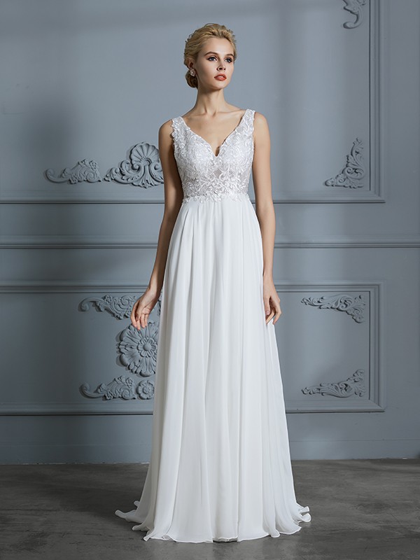 A-Line/Princess Sleeveless V-neck Sweep/Brush Train Chiffon Wedding Dresses 915