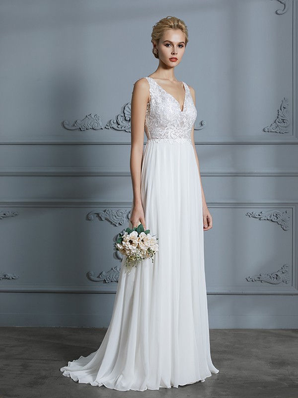 A-Line/Princess Sleeveless V-neck Sweep/Brush Train Chiffon Wedding Dresses 915