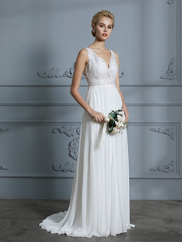 A-Line/Princess Sleeveless V-neck Sweep/Brush Train Chiffon Wedding Dresses 915