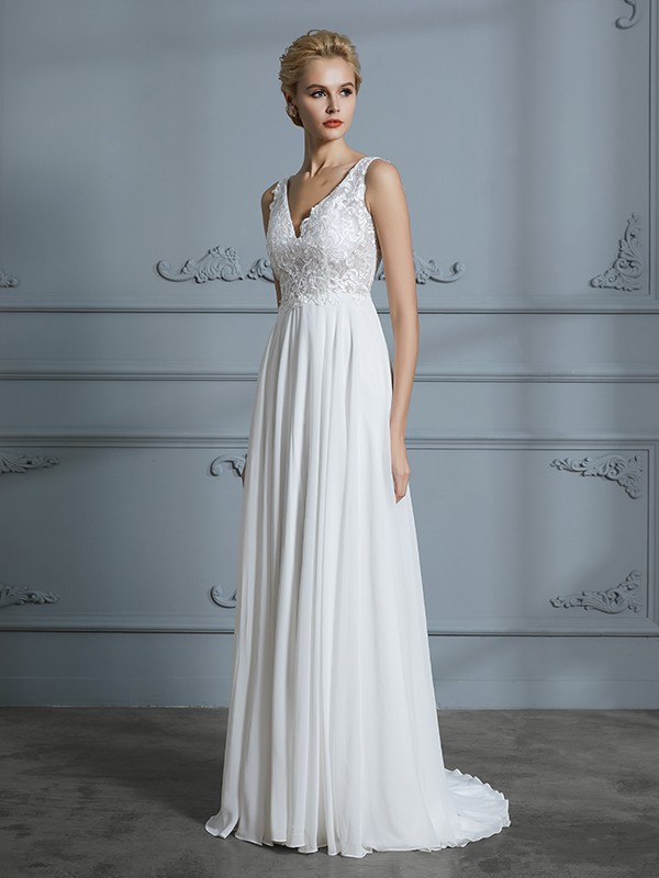 A-Line/Princess Sleeveless V-neck Sweep/Brush Train Chiffon Wedding Dresses 915