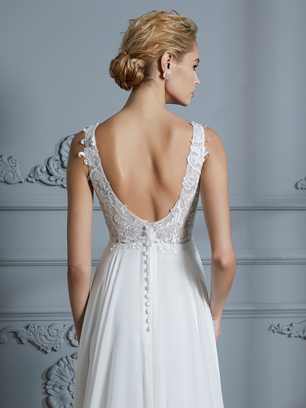 A-Line/Princess Sleeveless V-neck Sweep/Brush Train Chiffon Wedding Dresses 915