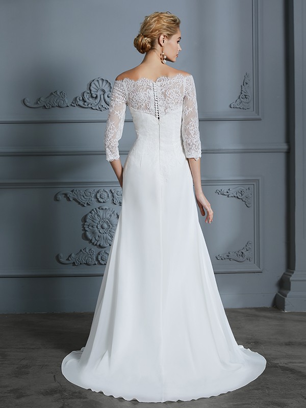 Trumpet/Mermaid 1/2 Sleeves Off-the-Shoulder Sweep/Brush Train Chiffon Wedding Dresses 1543