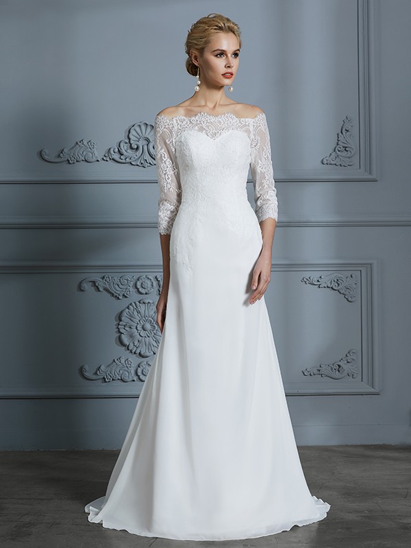 Trumpet/Mermaid 1/2 Sleeves Off-the-Shoulder Sweep/Brush Train Chiffon Wedding Dresses 1543