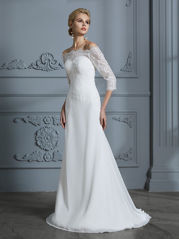 Trumpet/Mermaid 1/2 Sleeves Off-the-Shoulder Sweep/Brush Train Chiffon Wedding Dresses 1543