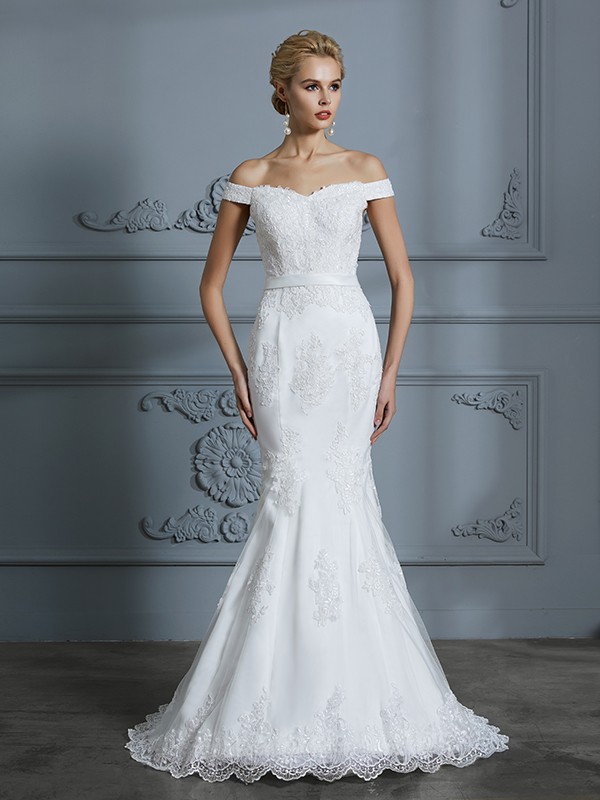 Trumpet/Mermaid Off-the-Shoulder Sleeveless Lace Sweep/Brush Train Tulle Wedding Dresses 1610