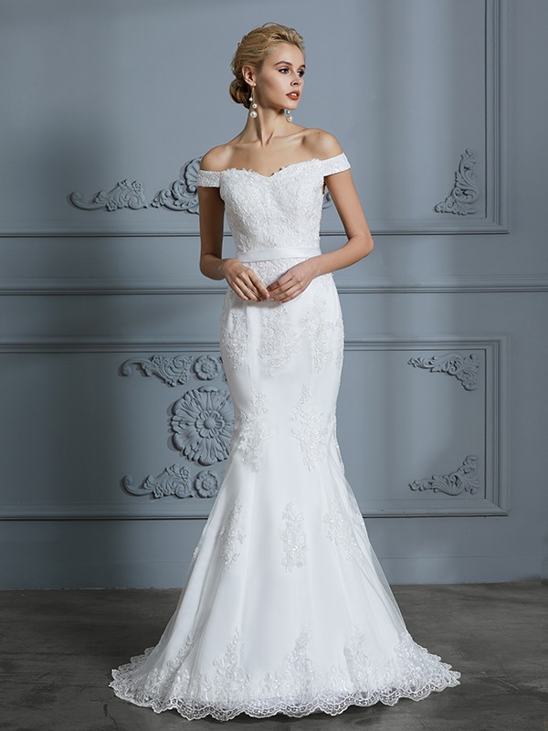 Trumpet/Mermaid Off-the-Shoulder Sleeveless Lace Sweep/Brush Train Tulle Wedding Dresses 1610