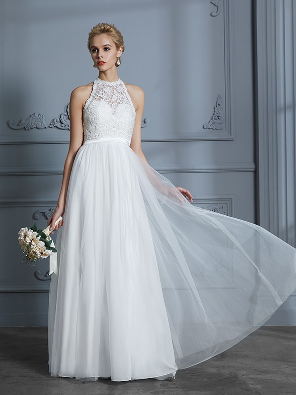 A-Line/Princess Scoop Sleeveless Tulle Floor-Length Wedding Dresses 883