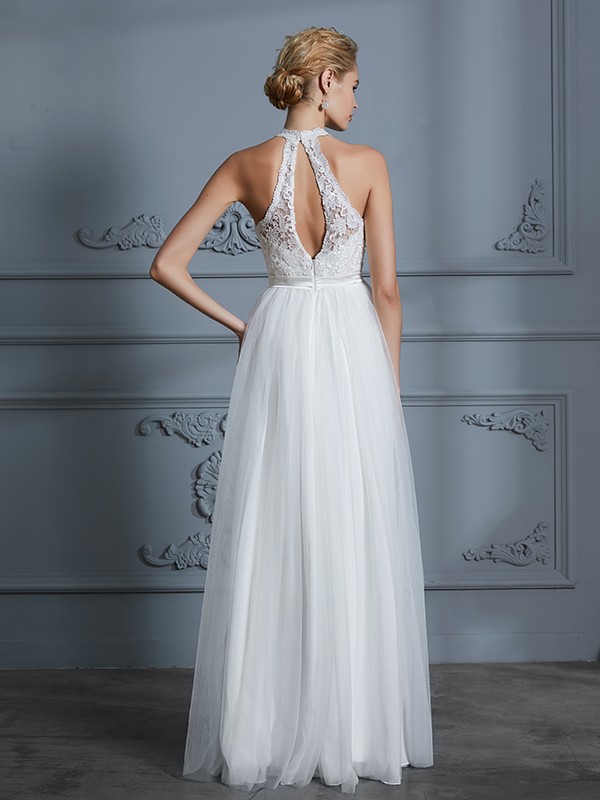 A-Line/Princess Scoop Sleeveless Tulle Floor-Length Wedding Dresses 883