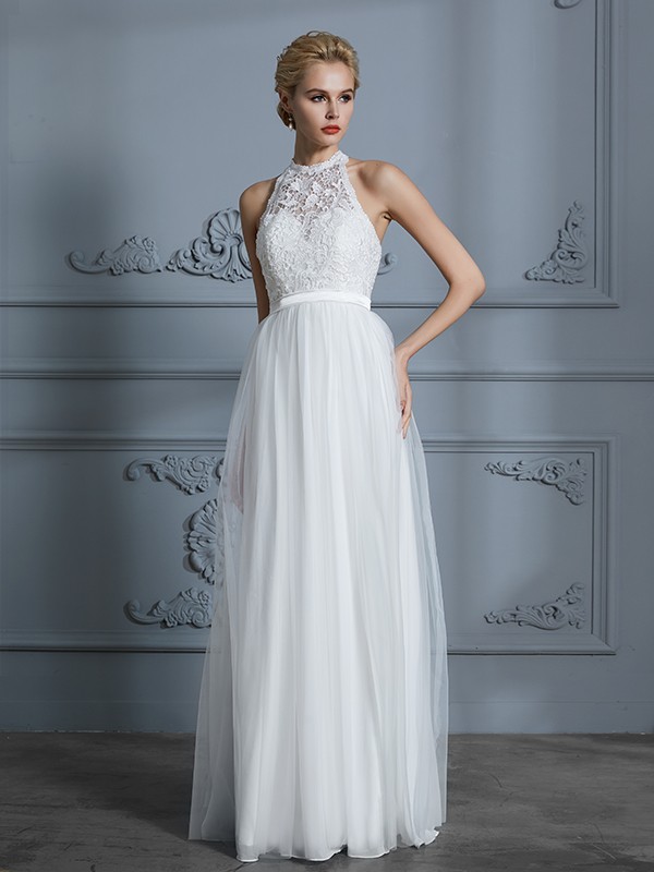 A-Line/Princess Scoop Sleeveless Tulle Floor-Length Wedding Dresses 883