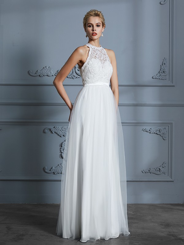 A-Line/Princess Scoop Sleeveless Tulle Floor-Length Wedding Dresses 883