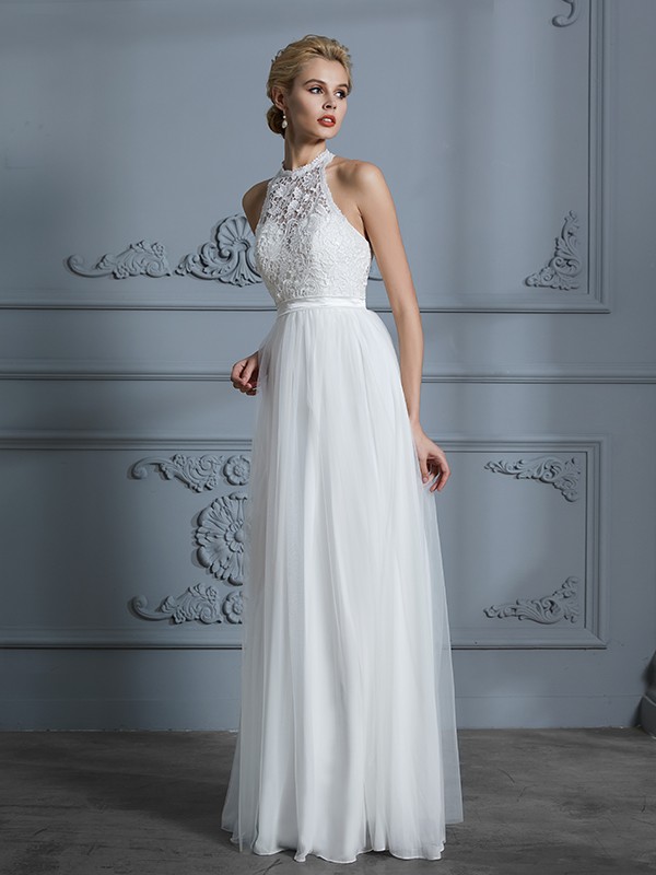 A-Line/Princess Scoop Sleeveless Tulle Floor-Length Wedding Dresses 883