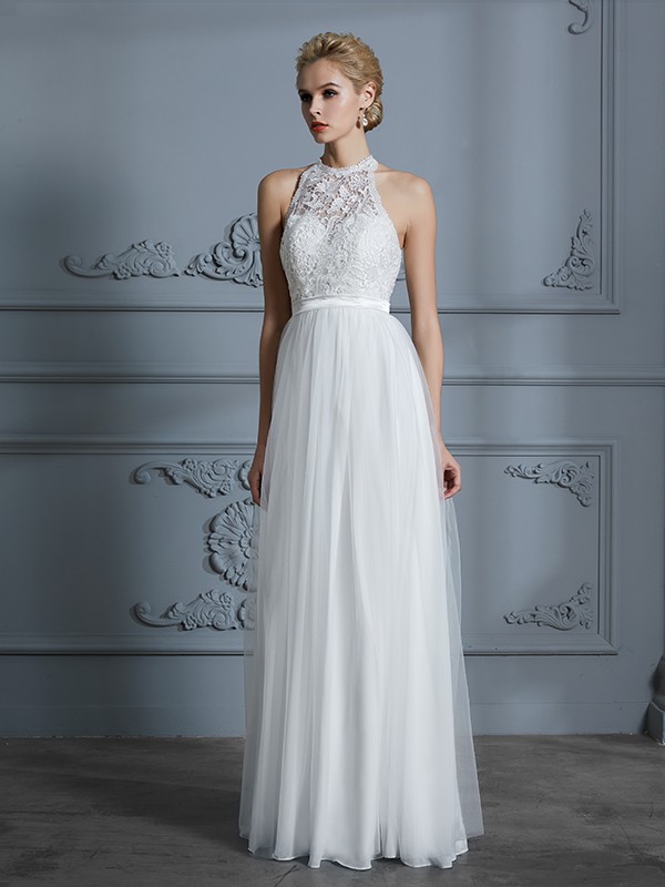 A-Line/Princess Scoop Sleeveless Tulle Floor-Length Wedding Dresses 883