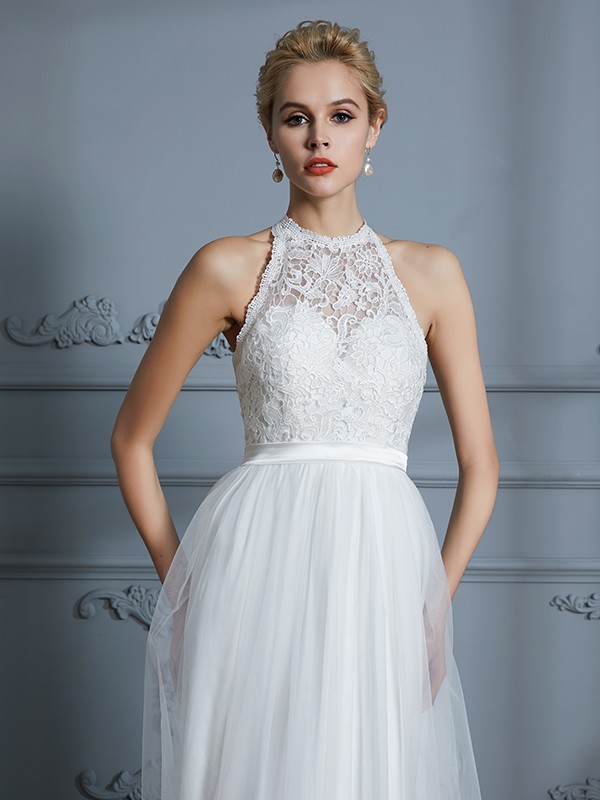 A-Line/Princess Scoop Sleeveless Tulle Floor-Length Wedding Dresses 883