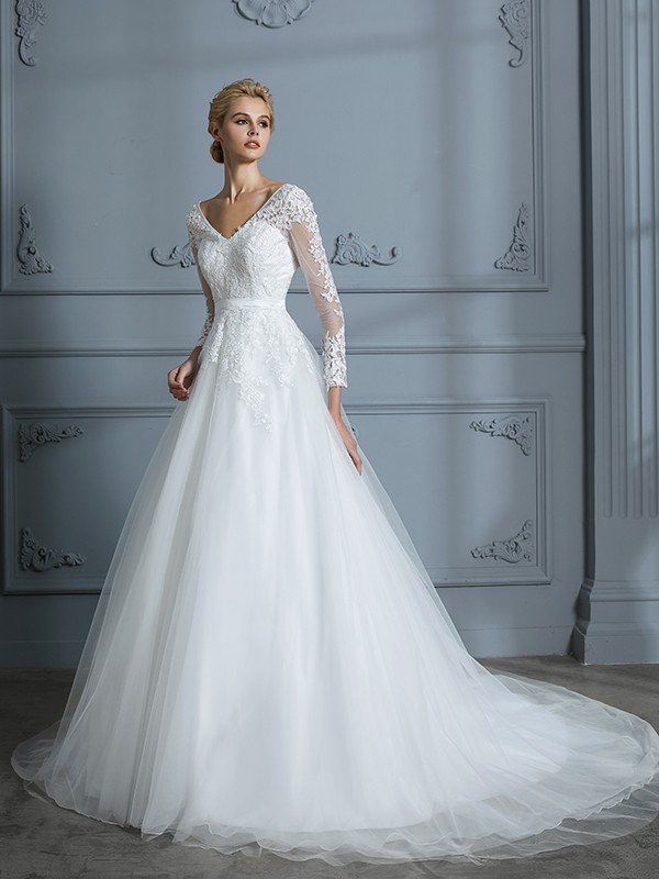 Ball Gown V-neck Long Sleeves Court Train Lace Tulle Wedding Dresses 1328