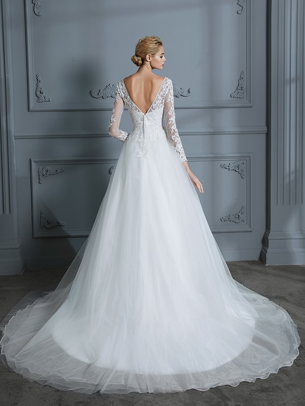 Ball Gown V-neck Long Sleeves Court Train Lace Tulle Wedding Dresses 1328