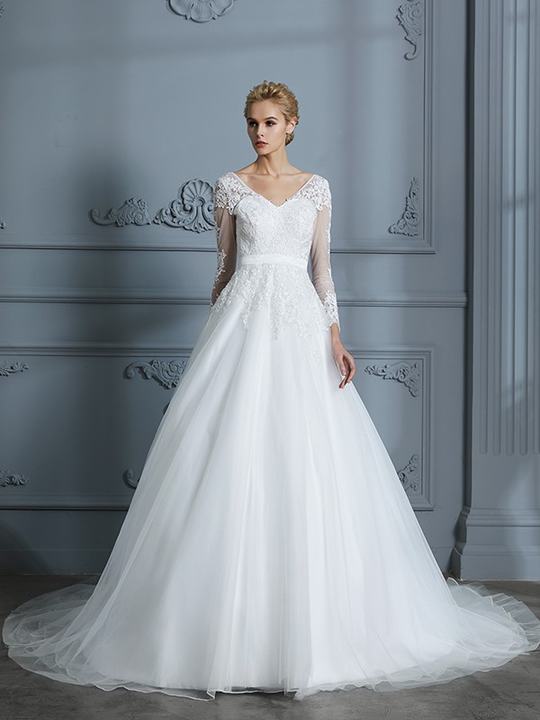 Ball Gown V-neck Long Sleeves Court Train Lace Tulle Wedding Dresses 1328