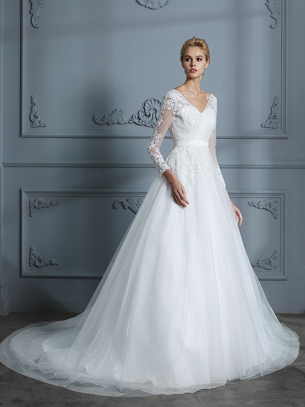 Ball Gown V-neck Long Sleeves Court Train Lace Tulle Wedding Dresses 1328