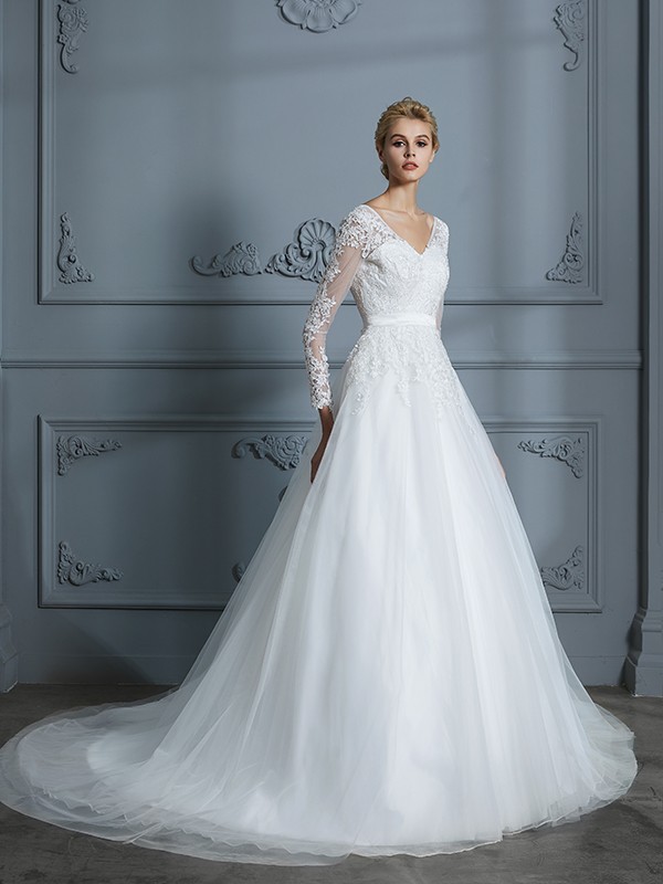 Ball Gown V-neck Long Sleeves Court Train Lace Tulle Wedding Dresses 1328