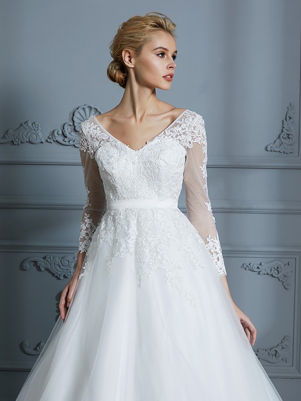 Ball Gown V-neck Long Sleeves Court Train Lace Tulle Wedding Dresses 1328