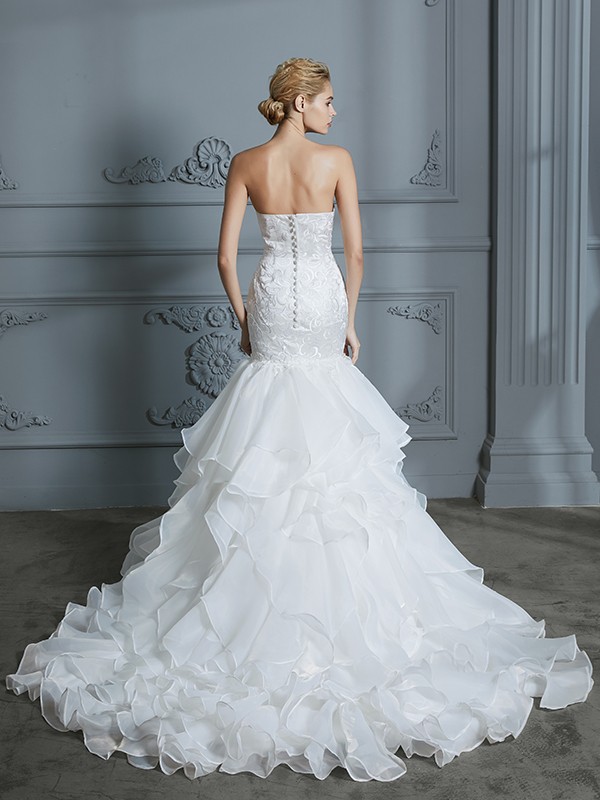 Trumpet/Mermaid Sweetheart Sleeveless Ruffles Sweep/Brush Train Organza Wedding Dresses 1697