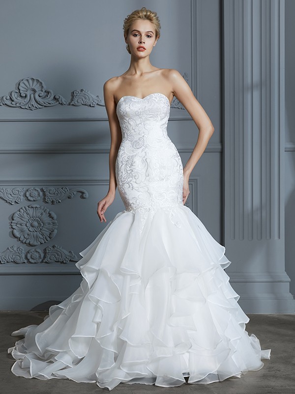 Trumpet/Mermaid Sweetheart Sleeveless Ruffles Sweep/Brush Train Organza Wedding Dresses 1697