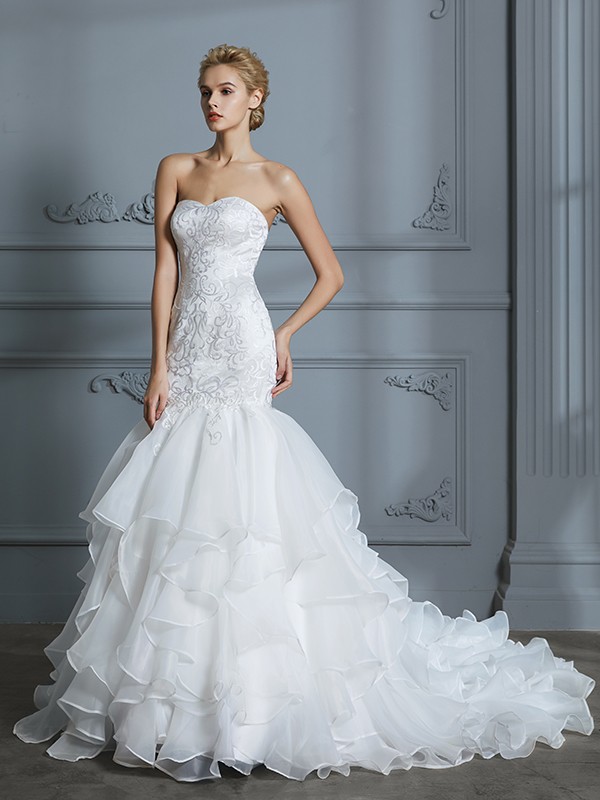 Trumpet/Mermaid Sweetheart Sleeveless Ruffles Sweep/Brush Train Organza Wedding Dresses 1697