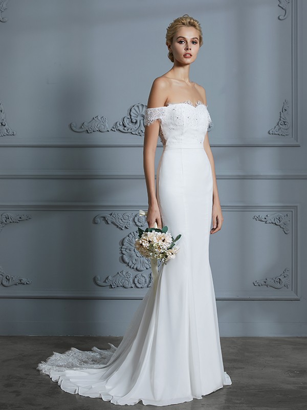 Trumpet/Mermaid Off-the-Shoulder Sleeveless Lace Chiffon Sweep/Brush Train Wedding Dresses 1609