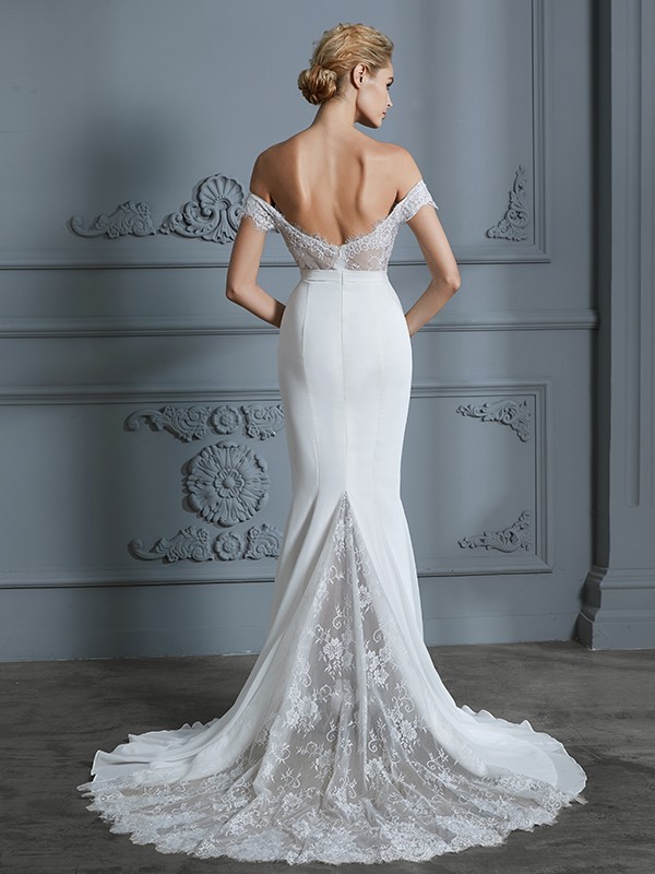 Trumpet/Mermaid Off-the-Shoulder Sleeveless Lace Chiffon Sweep/Brush Train Wedding Dresses 1609