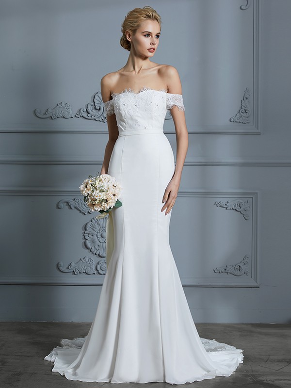 Trumpet/Mermaid Off-the-Shoulder Sleeveless Lace Chiffon Sweep/Brush Train Wedding Dresses 1609