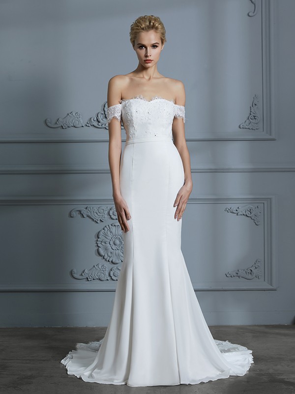 Trumpet/Mermaid Off-the-Shoulder Sleeveless Lace Chiffon Sweep/Brush Train Wedding Dresses 1609