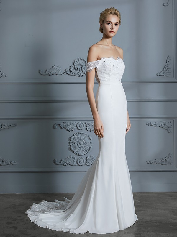 Trumpet/Mermaid Off-the-Shoulder Sleeveless Lace Chiffon Sweep/Brush Train Wedding Dresses 1609