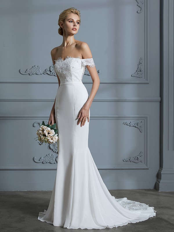 Trumpet/Mermaid Off-the-Shoulder Sleeveless Lace Chiffon Sweep/Brush Train Wedding Dresses 1609