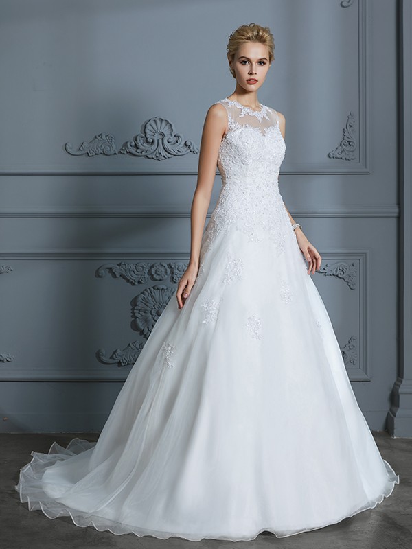 Ball Gown Scoop Sleeveless Organza Court Train Applique Wedding Dresses 1242