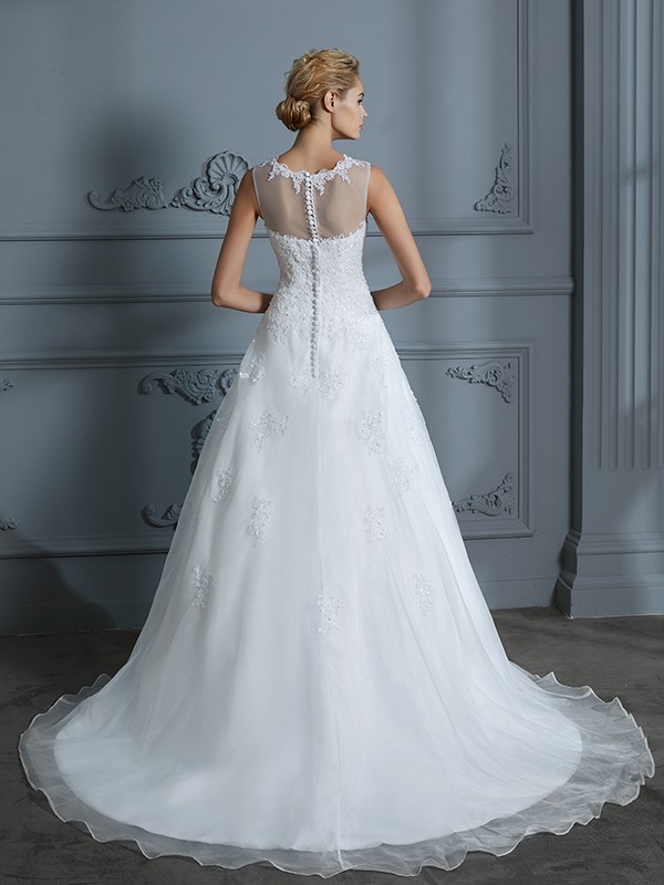 Ball Gown Scoop Sleeveless Organza Court Train Applique Wedding Dresses 1242