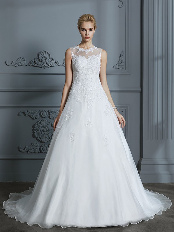 Ball Gown Scoop Sleeveless Organza Court Train Applique Wedding Dresses 1242