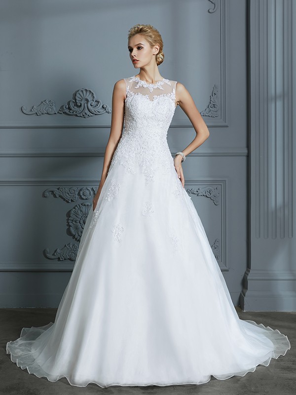 Ball Gown Scoop Sleeveless Organza Court Train Applique Wedding Dresses 1242