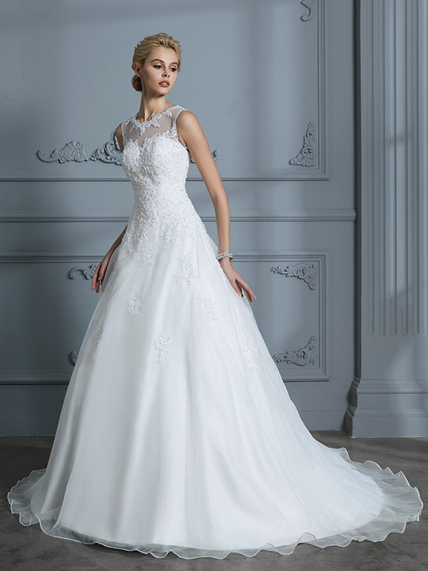 Ball Gown Scoop Sleeveless Organza Court Train Applique Wedding Dresses 1242