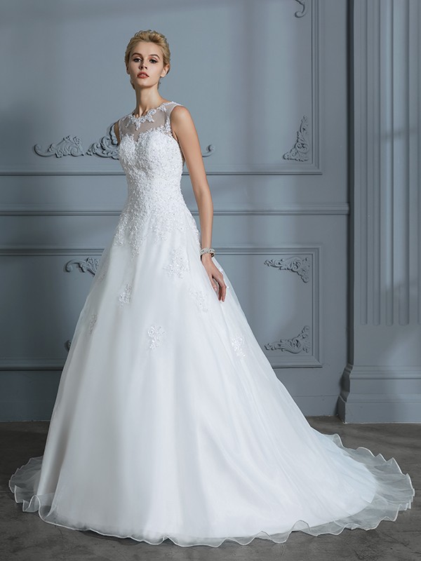 Ball Gown Scoop Sleeveless Organza Court Train Applique Wedding Dresses 1242