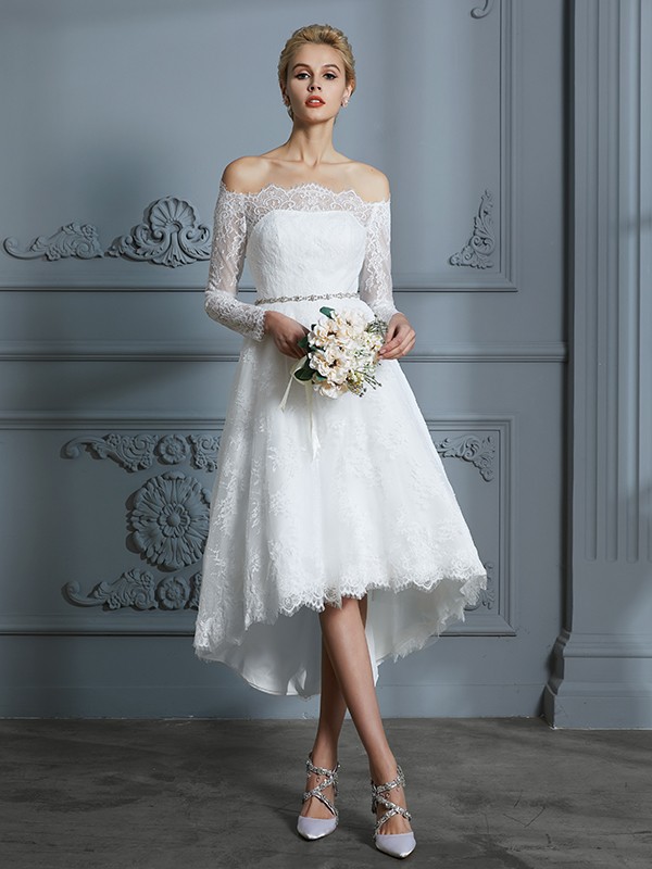 A-Line/Princess Long Sleeves Off-the-Shoulder Asymmetrical Lace Wedding Dresses 751