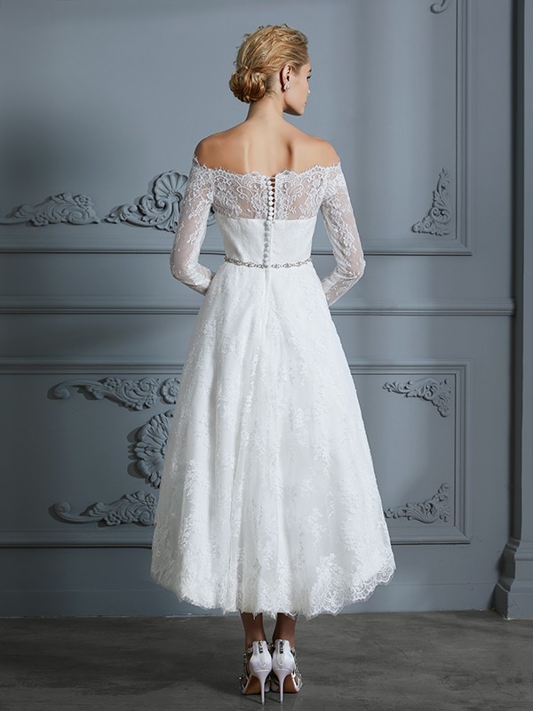 A-Line/Princess Long Sleeves Off-the-Shoulder Asymmetrical Lace Wedding Dresses 751