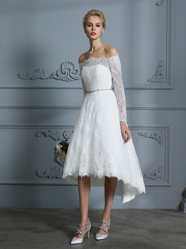 A-Line/Princess Long Sleeves Off-the-Shoulder Asymmetrical Lace Wedding Dresses 751