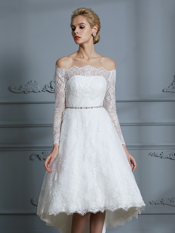 A-Line/Princess Long Sleeves Off-the-Shoulder Asymmetrical Lace Wedding Dresses 751