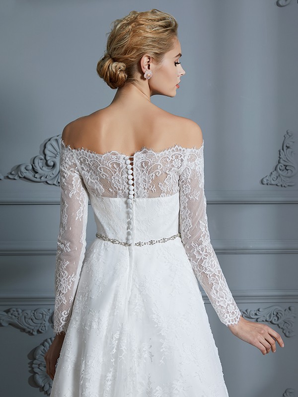 A-Line/Princess Long Sleeves Off-the-Shoulder Asymmetrical Lace Wedding Dresses 751