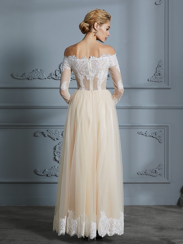 A-Line/Princess Off-the-Shoulder Long Sleeves Floor-Length Lace Tulle Wedding Dresses 757