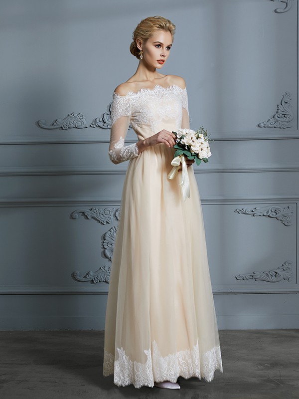 A-Line/Princess Off-the-Shoulder Long Sleeves Floor-Length Lace Tulle Wedding Dresses 757