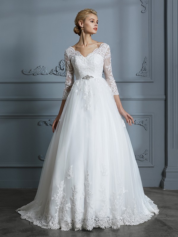 Ball Gown V-neck 3/4 Sleeves Court Train Lace Tulle Wedding Dresses 1322