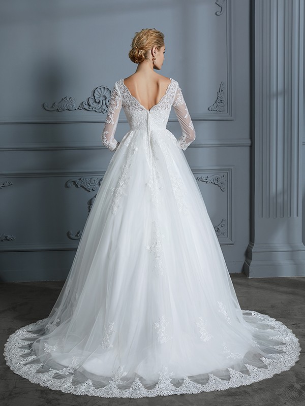 Ball Gown V-neck 3/4 Sleeves Court Train Lace Tulle Wedding Dresses 1322