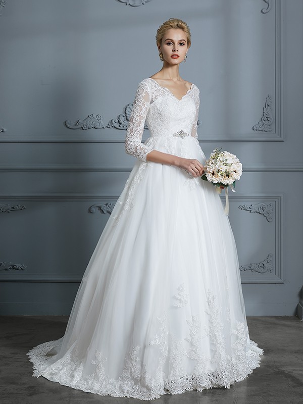 Ball Gown V-neck 3/4 Sleeves Court Train Lace Tulle Wedding Dresses 1322